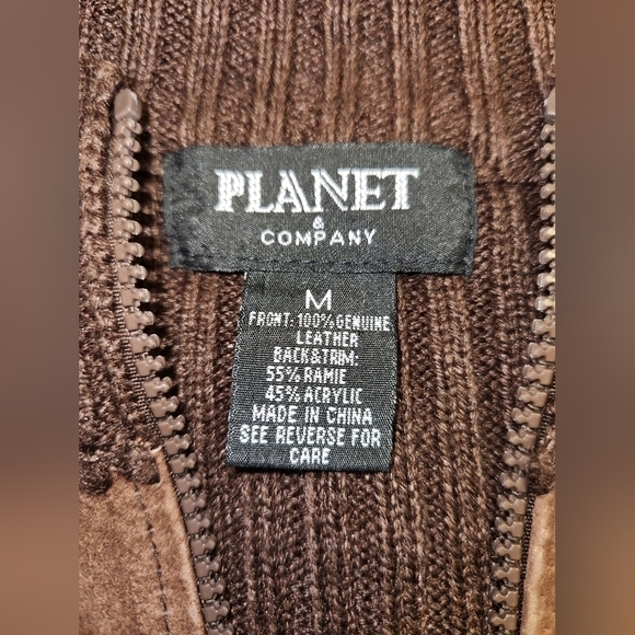 VINTAGE PLANET & COMPANY BROWN PATCH LEATHER CABLE KNIT ZIP SWEATER VEST SIZE M - Picture 7 of 10